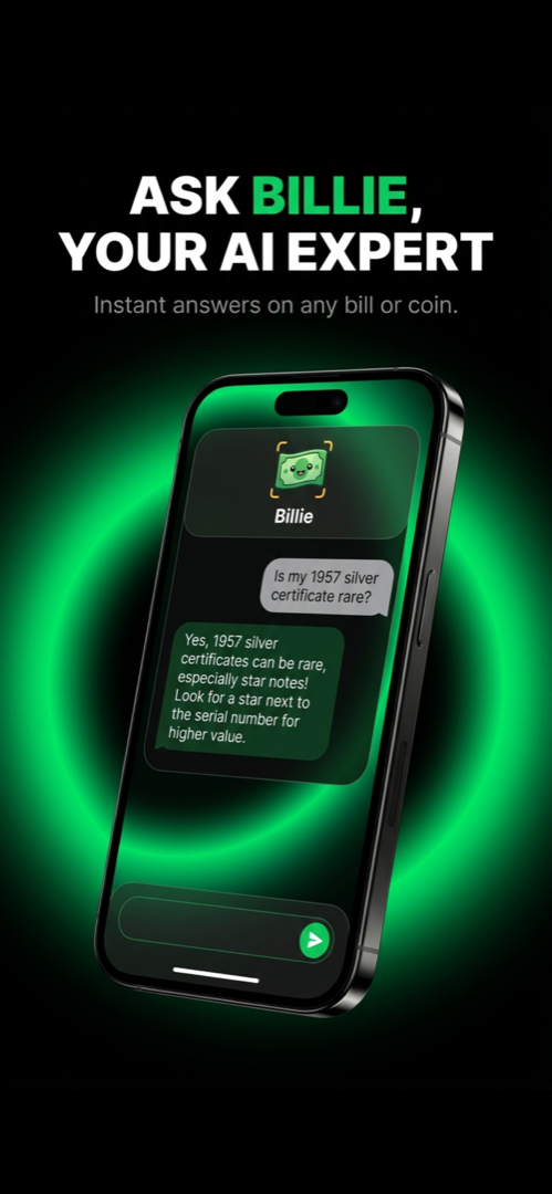 Ask Billie AI chat screen answering a currency question