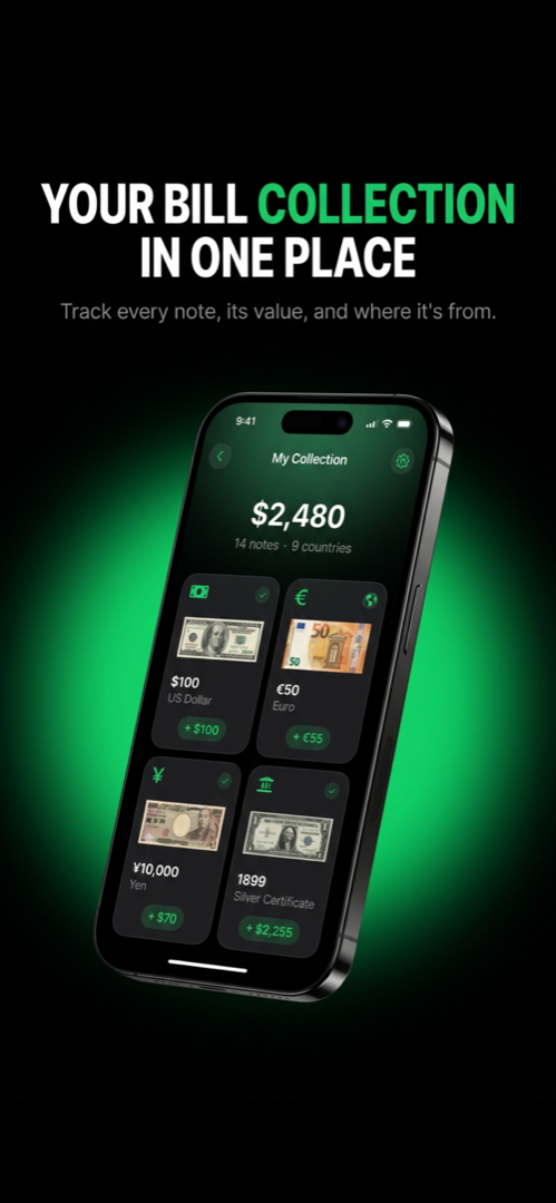 BillMarket collection screen showing saved banknotes